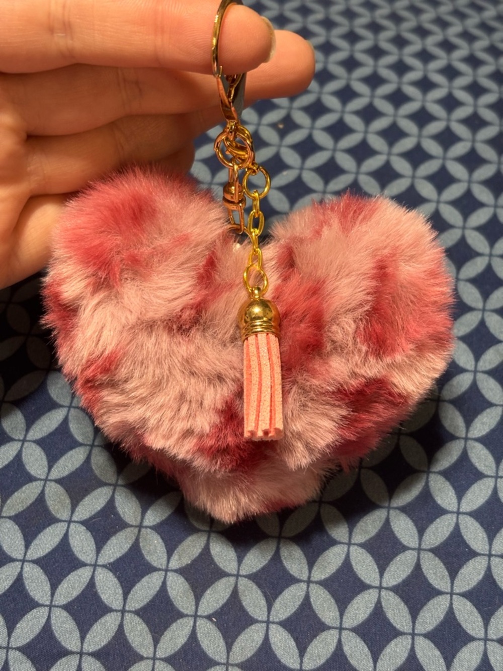 Pink Heart Faux Fur Pom Keychain with Tassel